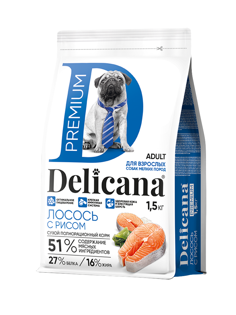 Delicana Лосось с рисом для собак мелких пород 1,5кг фото, цены, купить