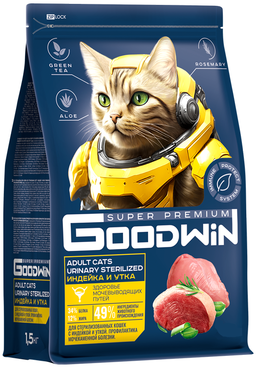 GOODWIN для стерилизованных кошек/кастрированных котов, для мочекаменной болезни Индейка и Утка 1,5 фото, цены, купить